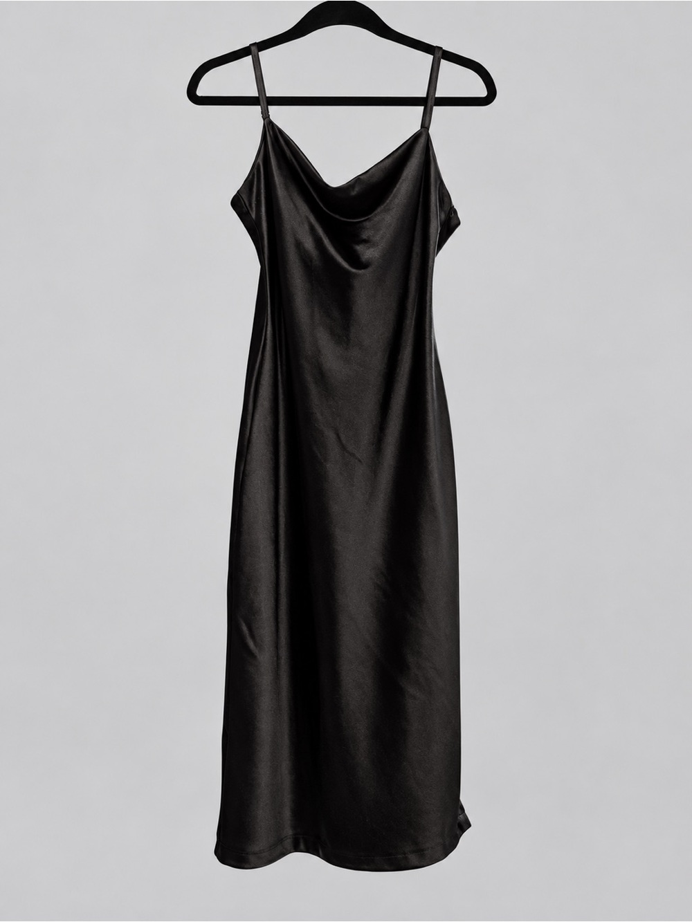 Satin Cowl Midi Slip Dress in Black